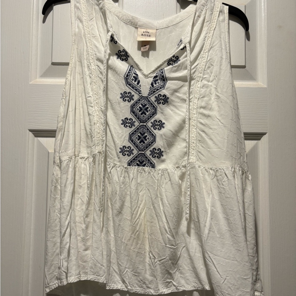Knox Rose White Tank Top with Blue Embroidery